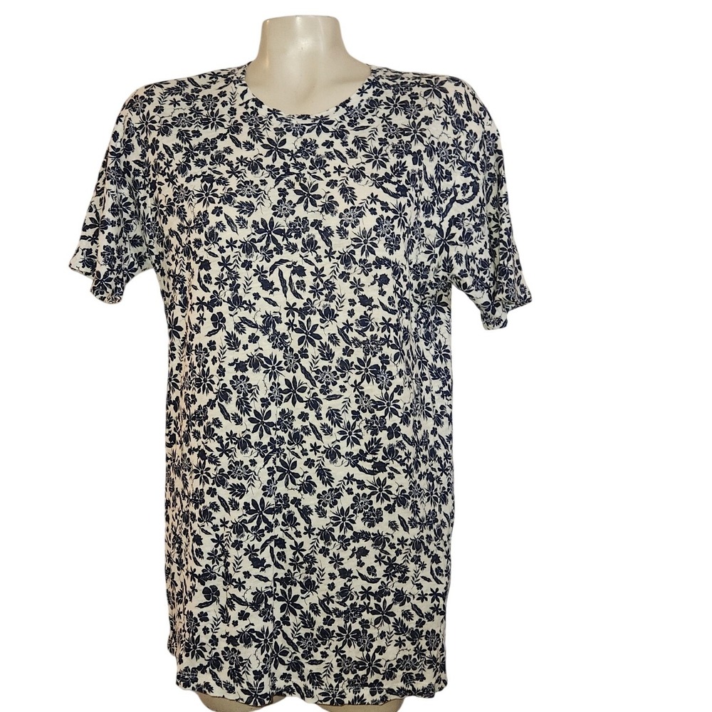 Zara Man 100% Linen Floral Print T-Shirt Navy Blue White XL beach breathable